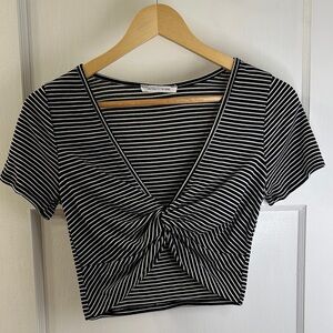 Black and White Striped Crop Top, V-Neck, Bow/Twist Front